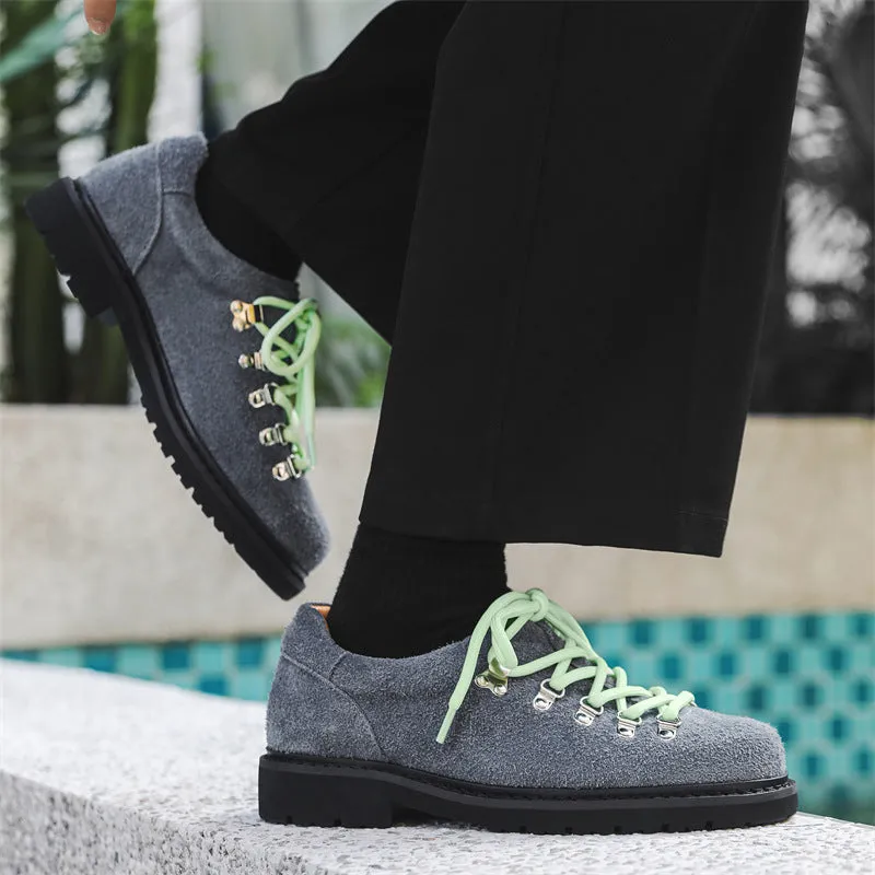 Heighten casual leather shoes British style retro workwear cowhide matte leather round toe solid colour brown men's footwear