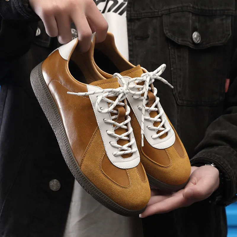 Men's broad casual leather shoes in solid colour, round toe, front lace-up, black and yellow options