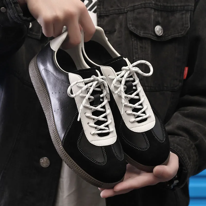 Men's broad casual leather shoes in solid colour, round toe, front lace-up, black and yellow options