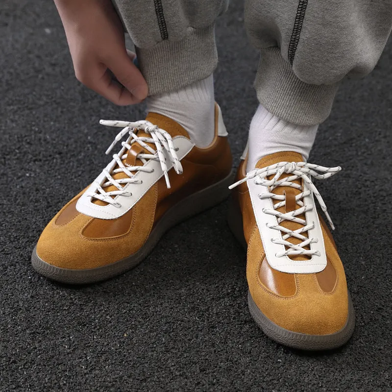 Men's broad casual leather shoes in solid colour, round toe, front lace-up, black and yellow options