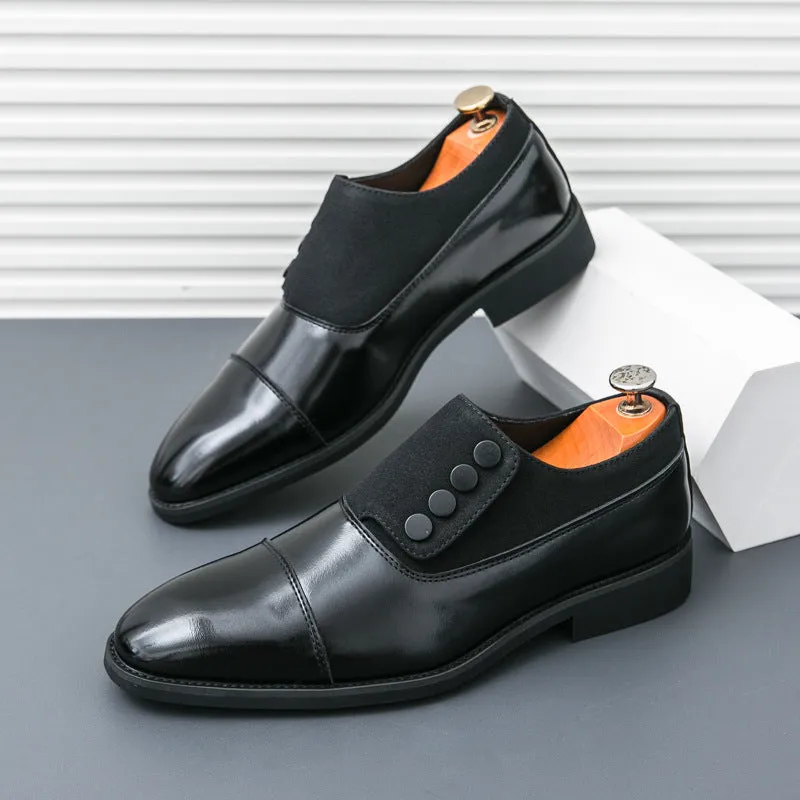 Men's low top pointed round toe button leather slip-on shoes, black, size 40, with rubber sole