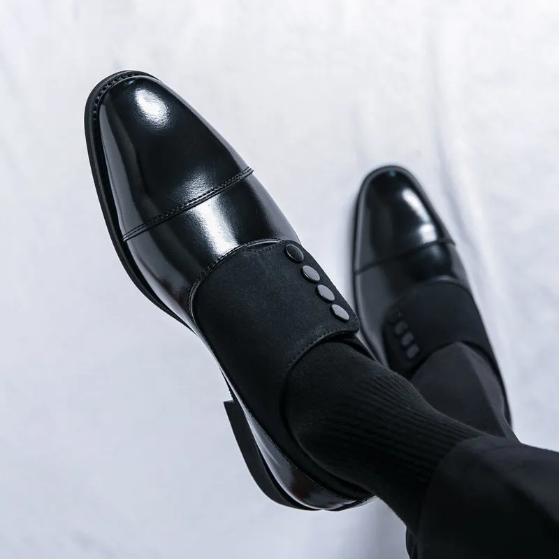Men's low top pointed round toe button leather slip-on shoes, black, size 40, with rubber sole