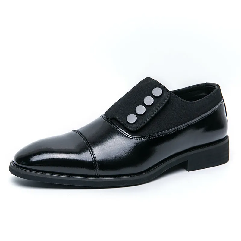 Men's low top pointed round toe button leather slip-on shoes, black, size 40, with rubber sole