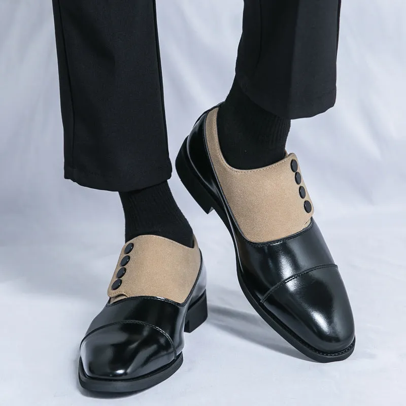Men's low top pointed round toe button leather slip-on shoes, black, size 40, with rubber sole