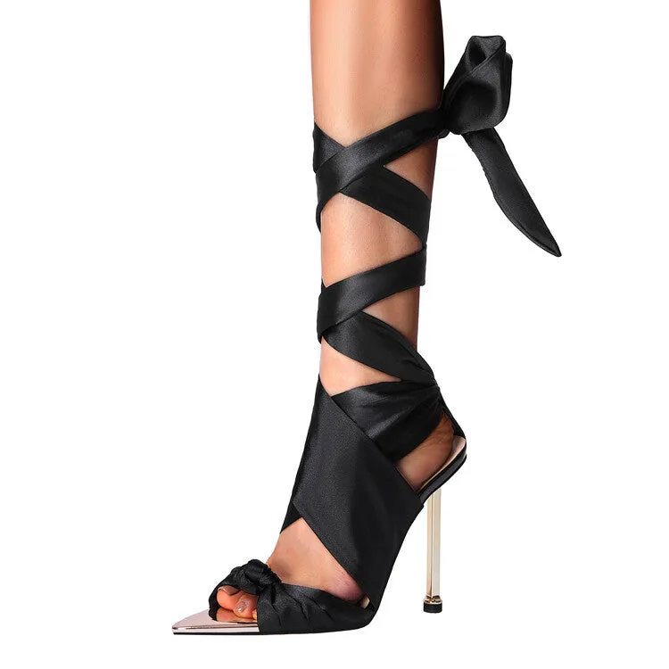 Lace-up open toe pointed high heels in black with first layer cowhide upper and rubber sole