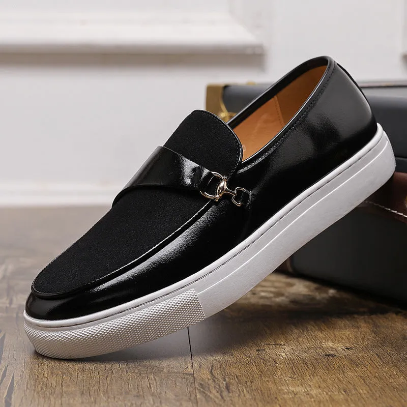 Men's black leather slip-on shoes with horsebit buckle and round toe design