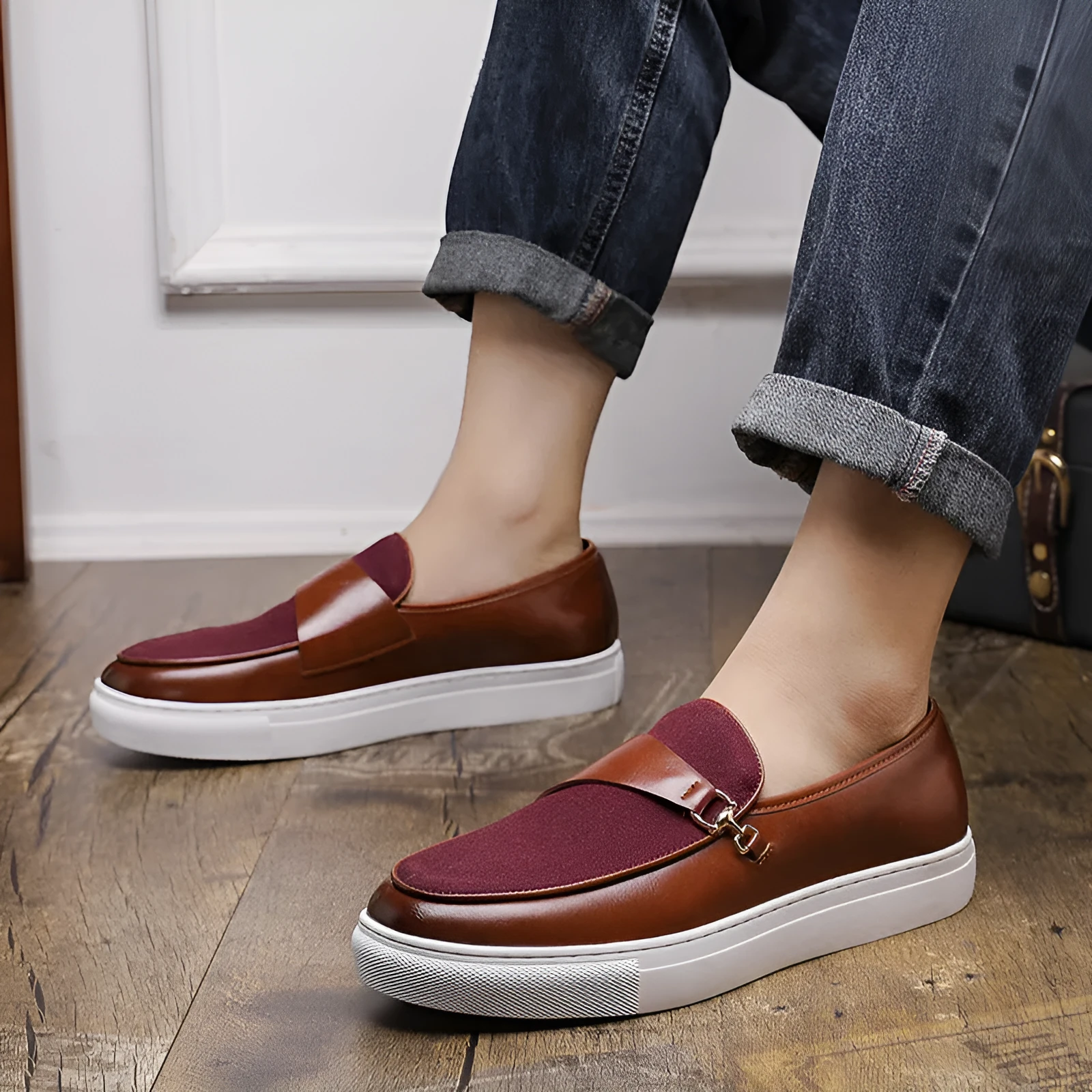 Men's black leather slip-on shoes with horsebit buckle and round toe design