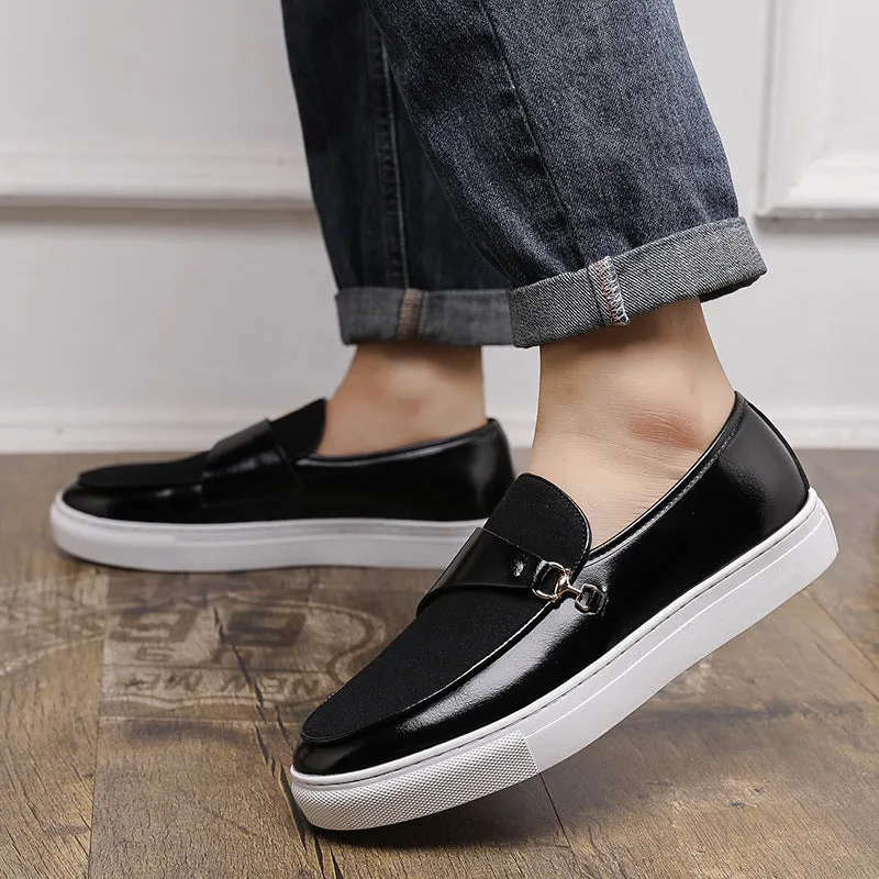 Men's black leather slip-on shoes with horsebit buckle and round toe design