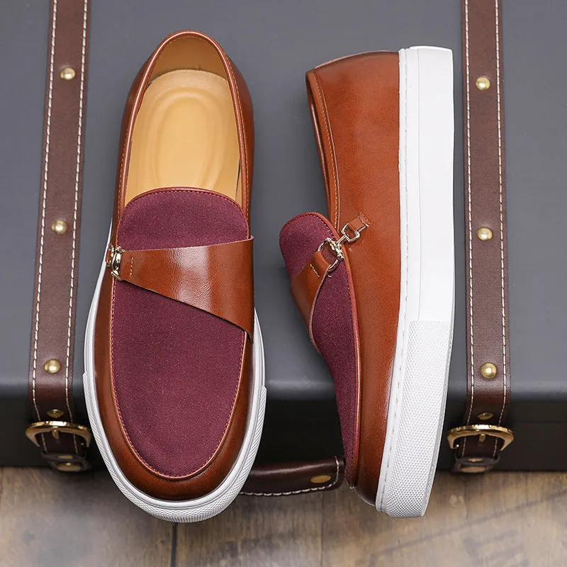 Men's black leather slip-on shoes with horsebit buckle and round toe design
