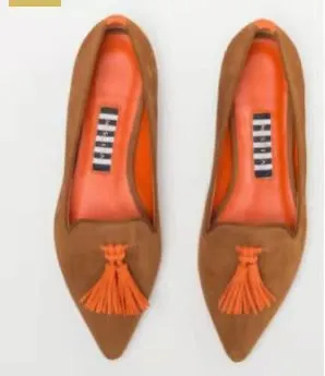 Women's low-cut pointed-toe colourblock tassel flat shoes in Brown Green, canvas upper, rubber sole
