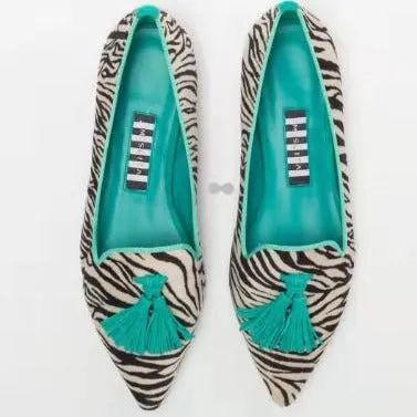 Women's low-cut pointed-toe colourblock tassel flat shoes in Brown Green, canvas upper, rubber sole