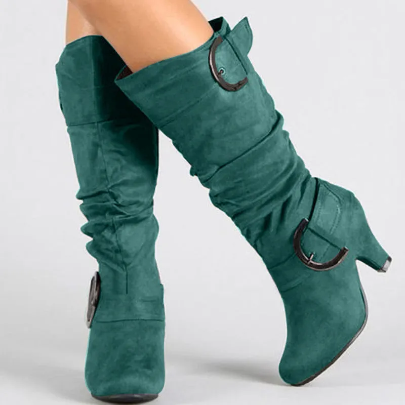 Women's brushed velvet suede high-cylinder boots with tapered heel, round toe, solid colour