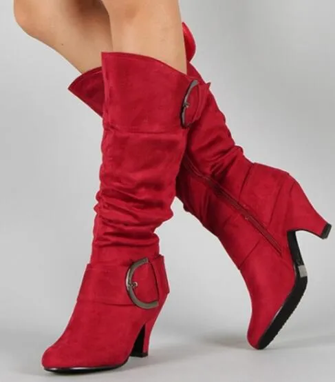 Women's brushed velvet suede high-cylinder boots with tapered heel, round toe, solid colour