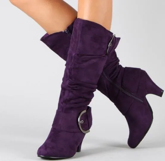 Women's brushed velvet suede high-cylinder boots with tapered heel, round toe, solid colour
