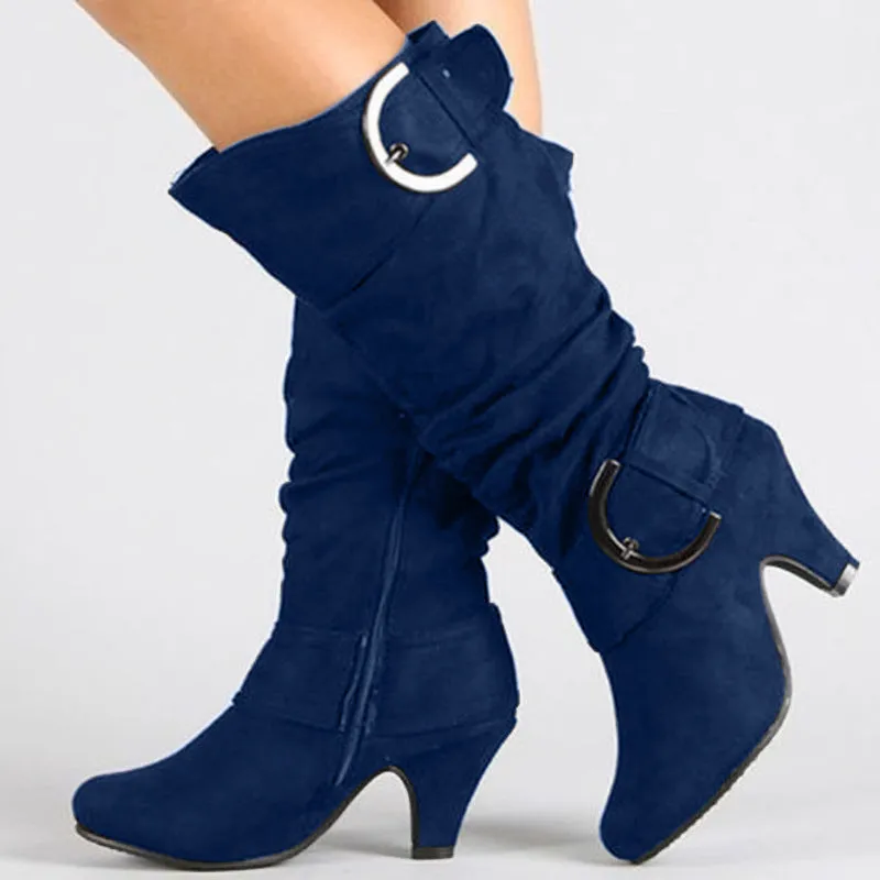 Women's brushed velvet suede high-cylinder boots with tapered heel, round toe, solid colour