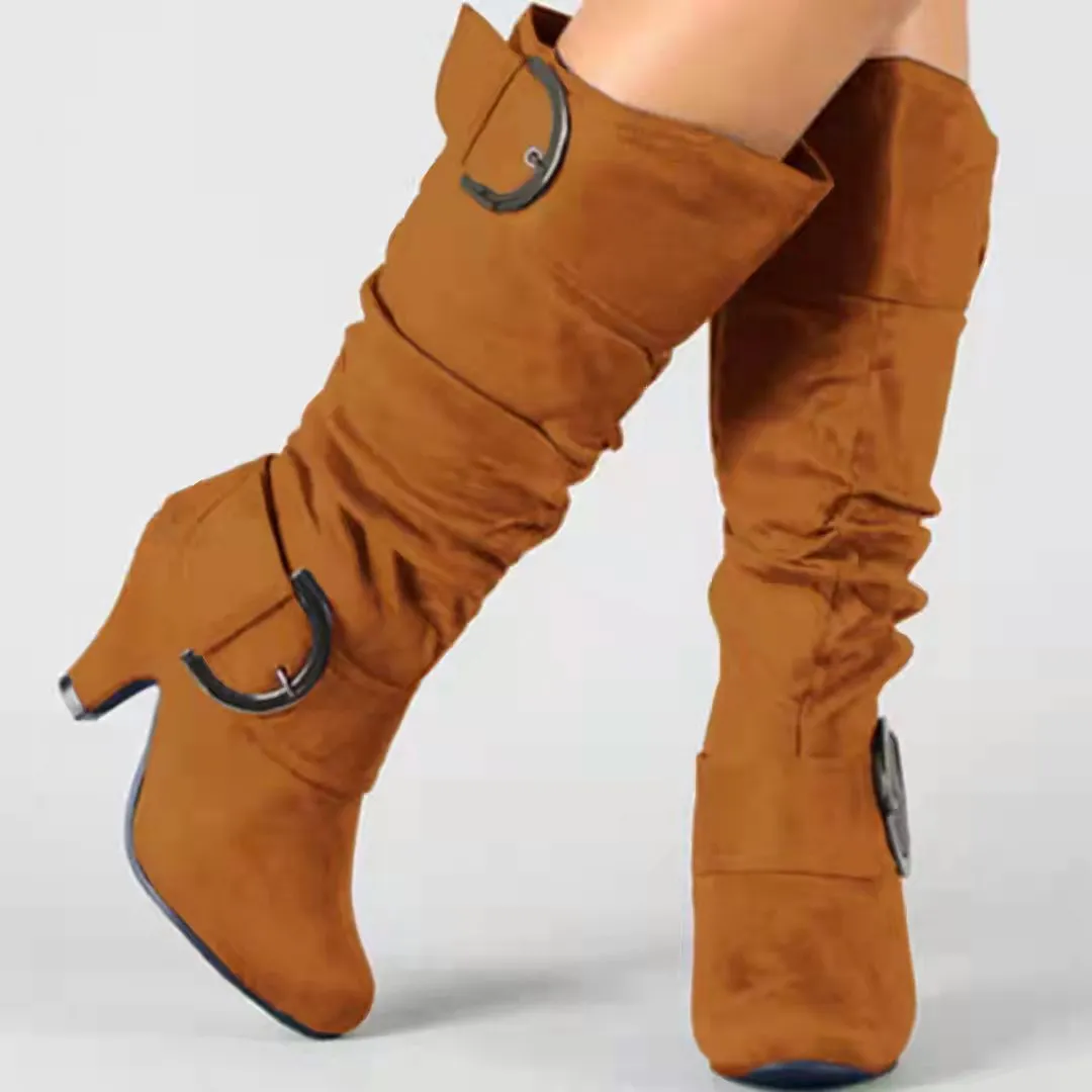 Women's brushed velvet suede high-cylinder boots with tapered heel, round toe, solid colour
