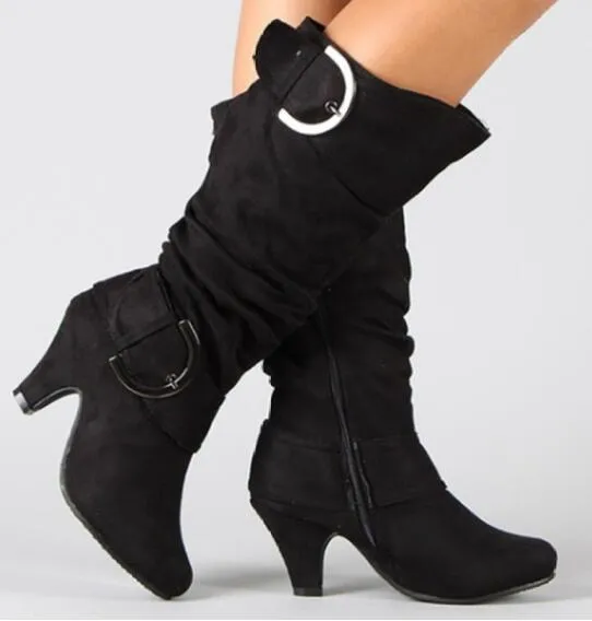 Women's brushed velvet suede high-cylinder boots with tapered heel, round toe, solid colour