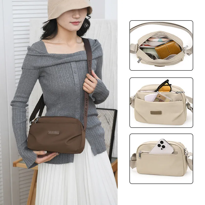 Women's soft nylon multi compartment shoulder bag in urban simplicity style, horizontal square shape, available in multiple colours