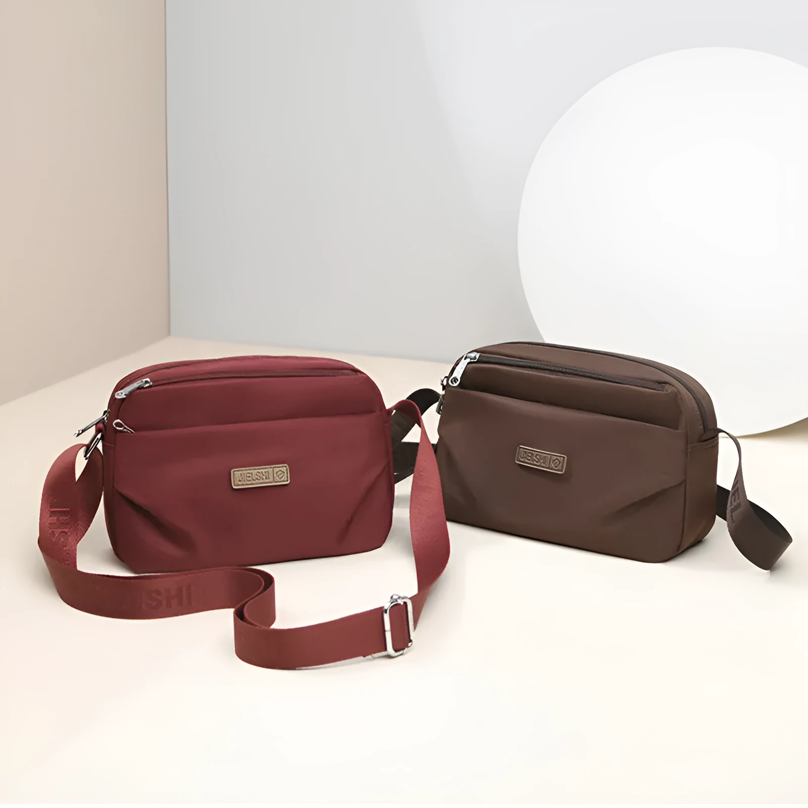 Women's soft nylon multi compartment shoulder bag in urban simplicity style, horizontal square shape, available in multiple colours