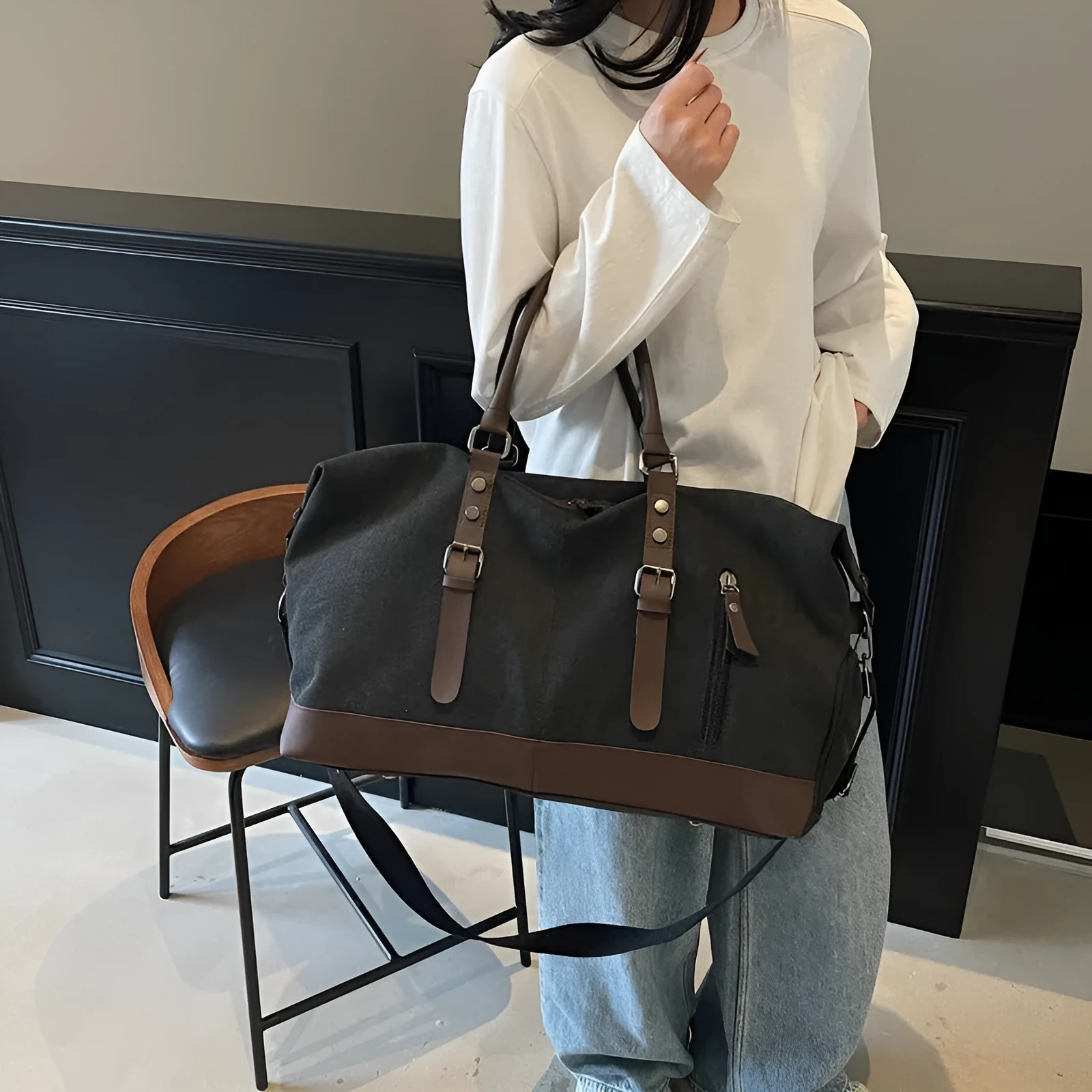 Travel Handheld Lightweight Large Capacity Waterproof Bag Oxford Cloth Unisex Breathable Ultra Light Milky White Black Brown 50cm x 30cm x 23cm Handheld Carry On Bag for Travel and Daily Use