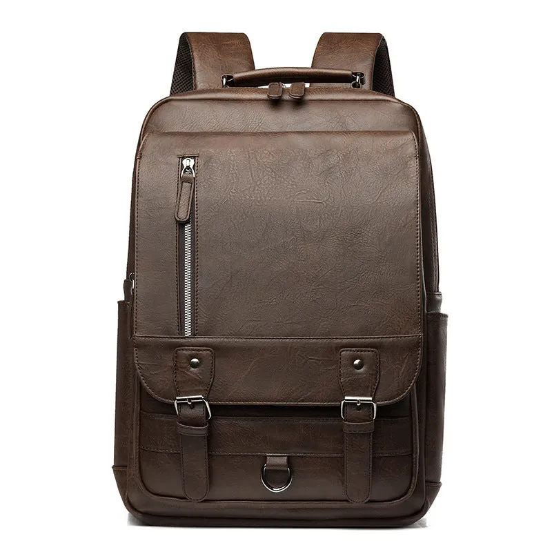 Men's casual business backpack in PU leather, solid colour, black - urban simplicity style for travel