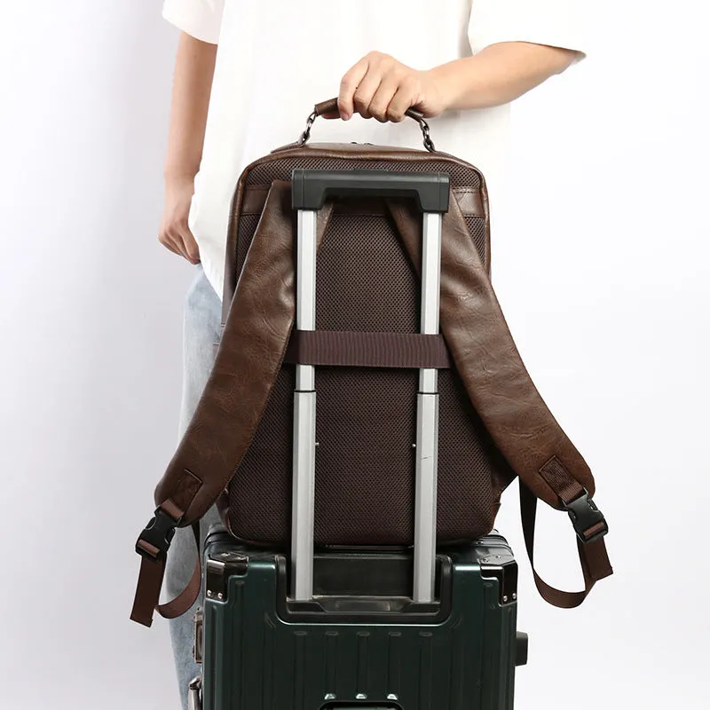 Men's casual business backpack in PU leather, solid colour, black - urban simplicity style for travel