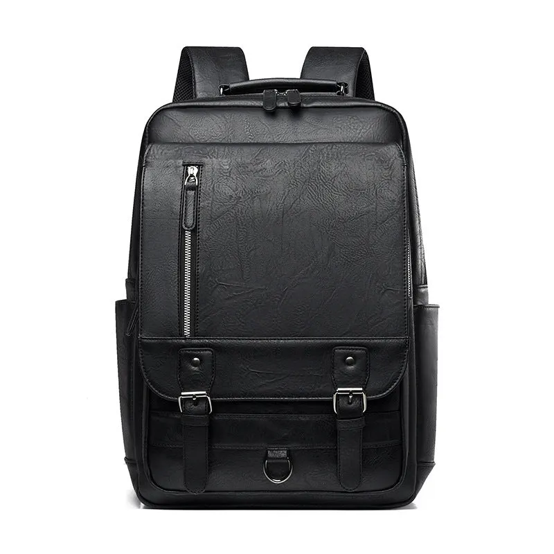 Men's casual business backpack in PU leather, solid colour, black - urban simplicity style for travel