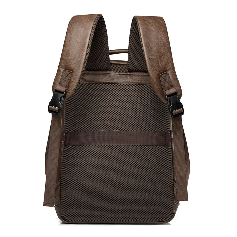 Men's casual business backpack in PU leather, solid colour, black - urban simplicity style for travel