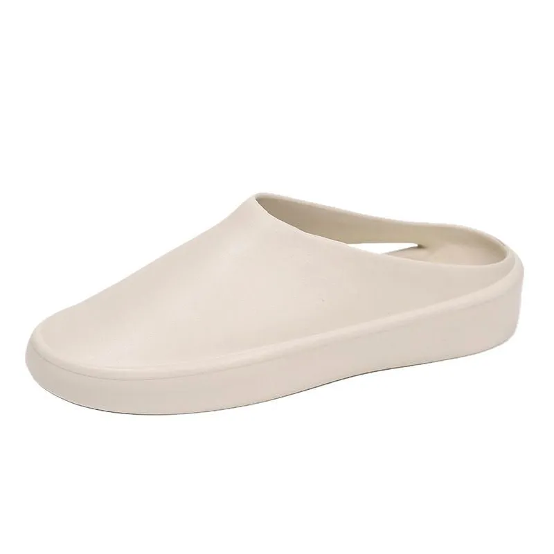 Men's closed toe non-slip EVA slippers in beige, side view, with textured sole