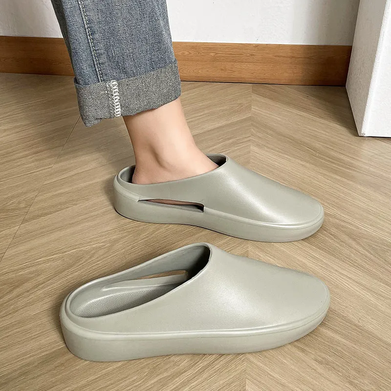 Men's closed toe non-slip EVA slippers in beige, side view, with textured sole