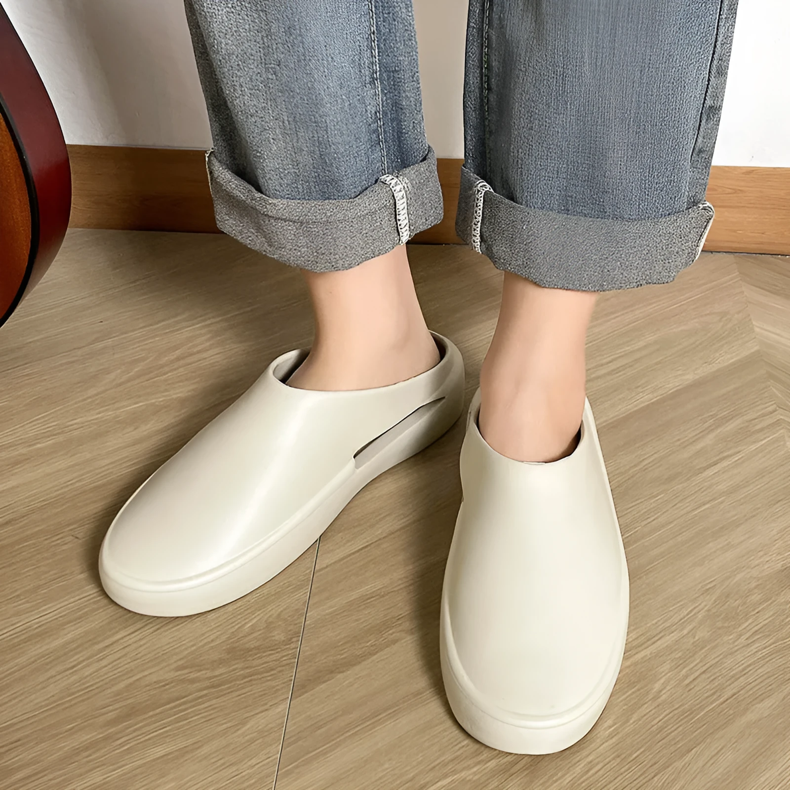 Men's closed toe non-slip EVA slippers in beige, side view, with textured sole
