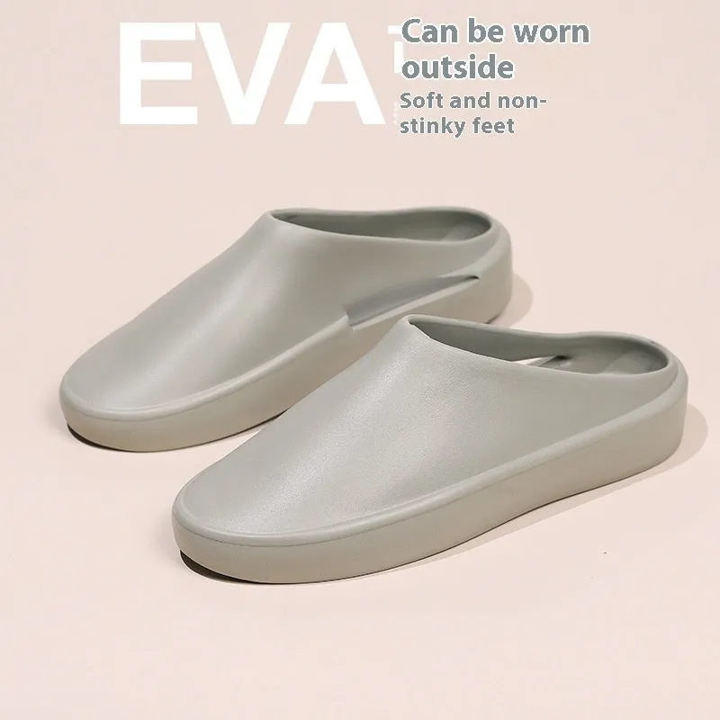 Men's closed toe non-slip EVA slippers in beige, side view, with textured sole