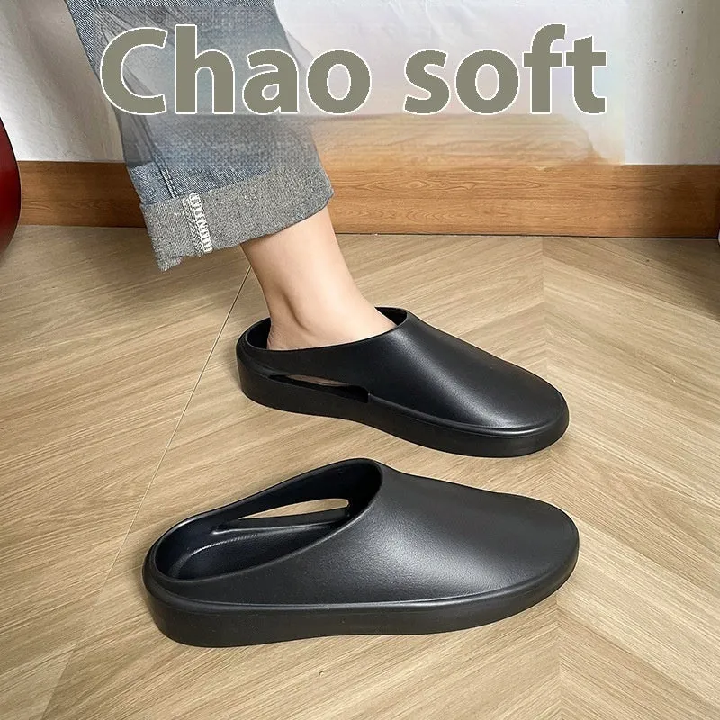 Men's closed toe non-slip EVA slippers in beige, side view, with textured sole