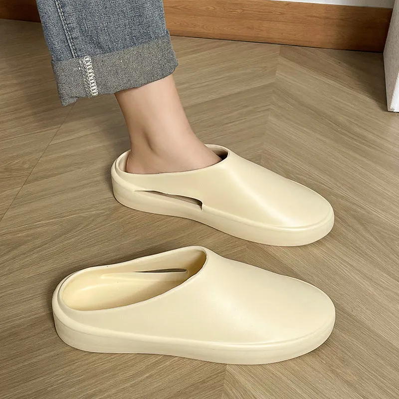 Men's closed toe non-slip EVA slippers in beige, side view, with textured sole
