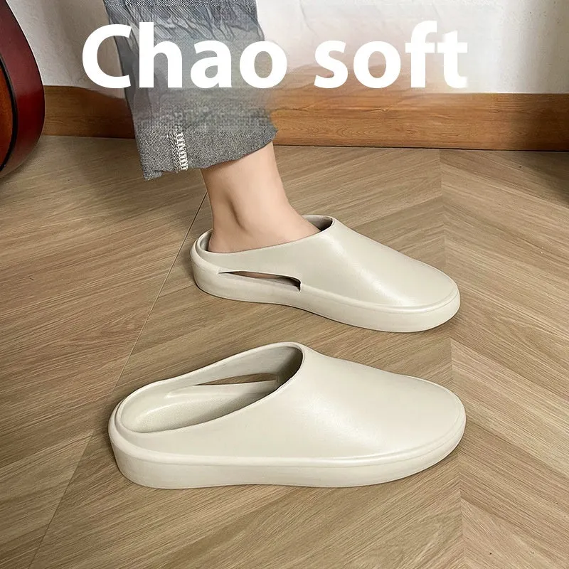 Men's closed toe non-slip EVA slippers in beige, side view, with textured sole