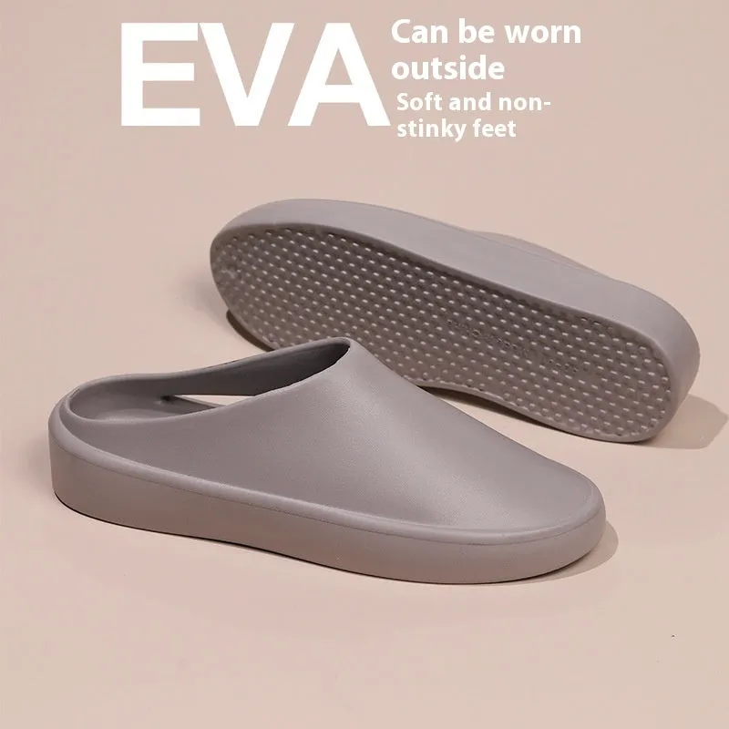 Men's closed toe non-slip EVA slippers in beige, side view, with textured sole