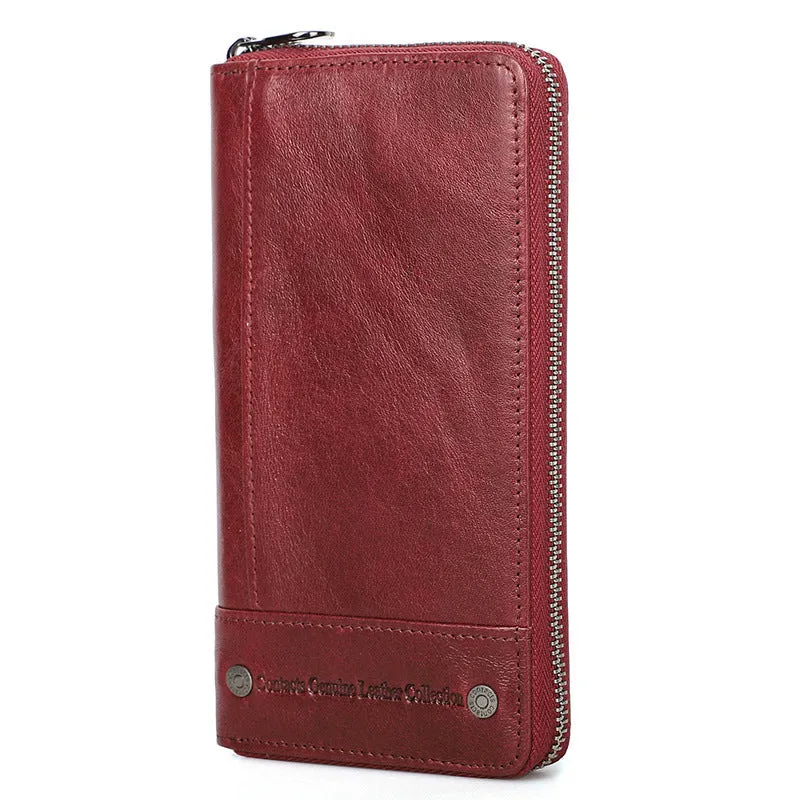 Brown genuine leather men's wallet with zipper closure showing anti-theft card-swipe function