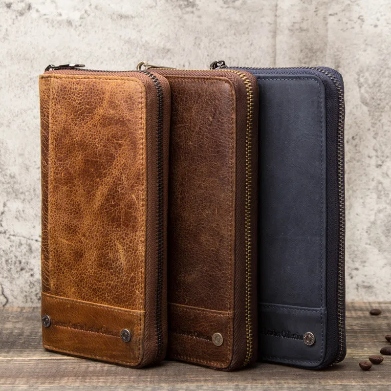 Brown genuine leather men's wallet with zipper closure showing anti-theft card-swipe function