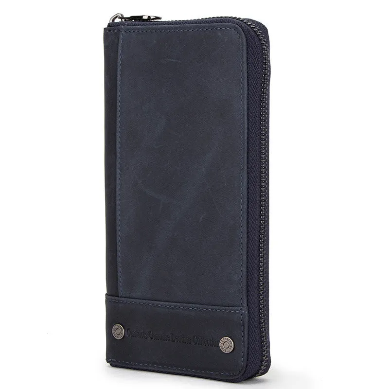 Brown genuine leather men's wallet with zipper closure showing anti-theft card-swipe function