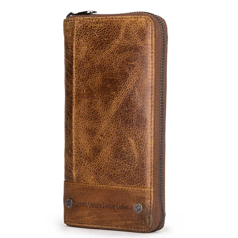 Brown genuine leather men's wallet with zipper closure showing anti-theft card-swipe function