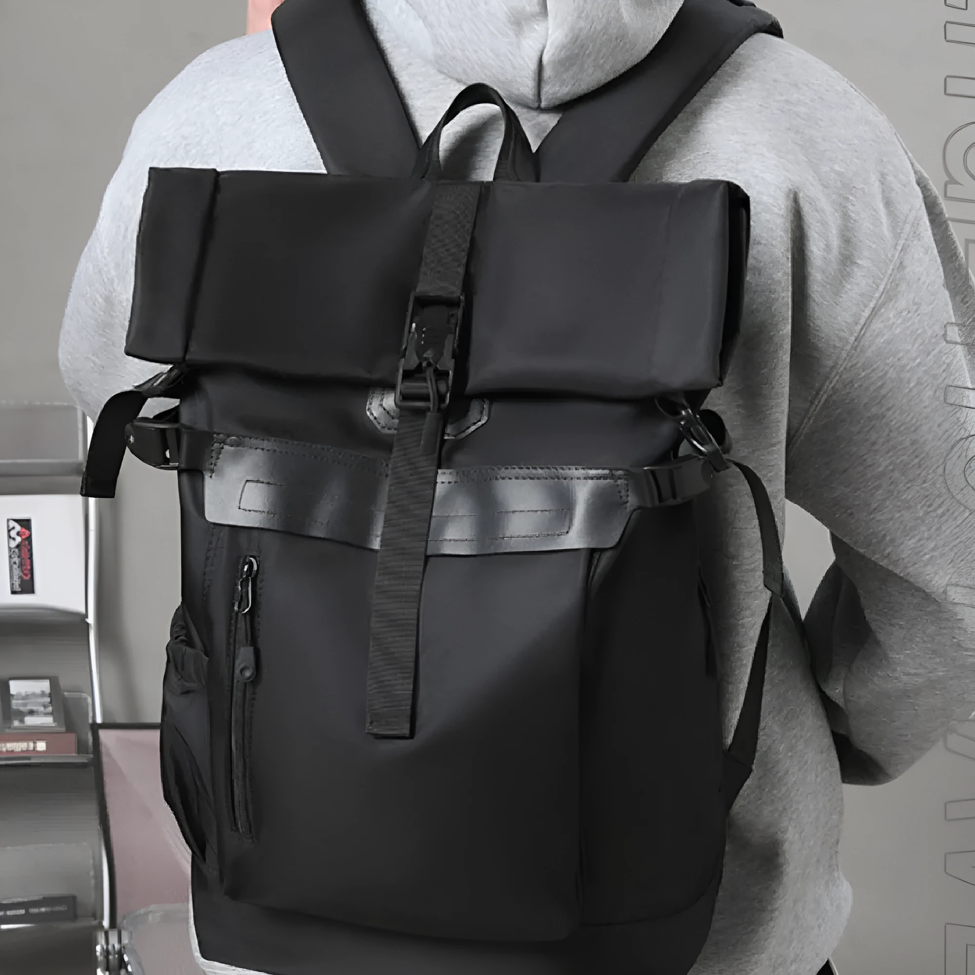 Men's multi-functional outdoor travel business backpack in black waterproof nylon