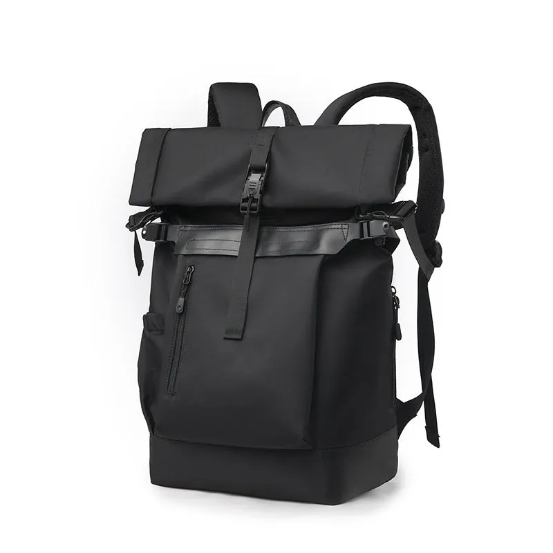 Men's multi-functional outdoor travel business backpack in black waterproof nylon