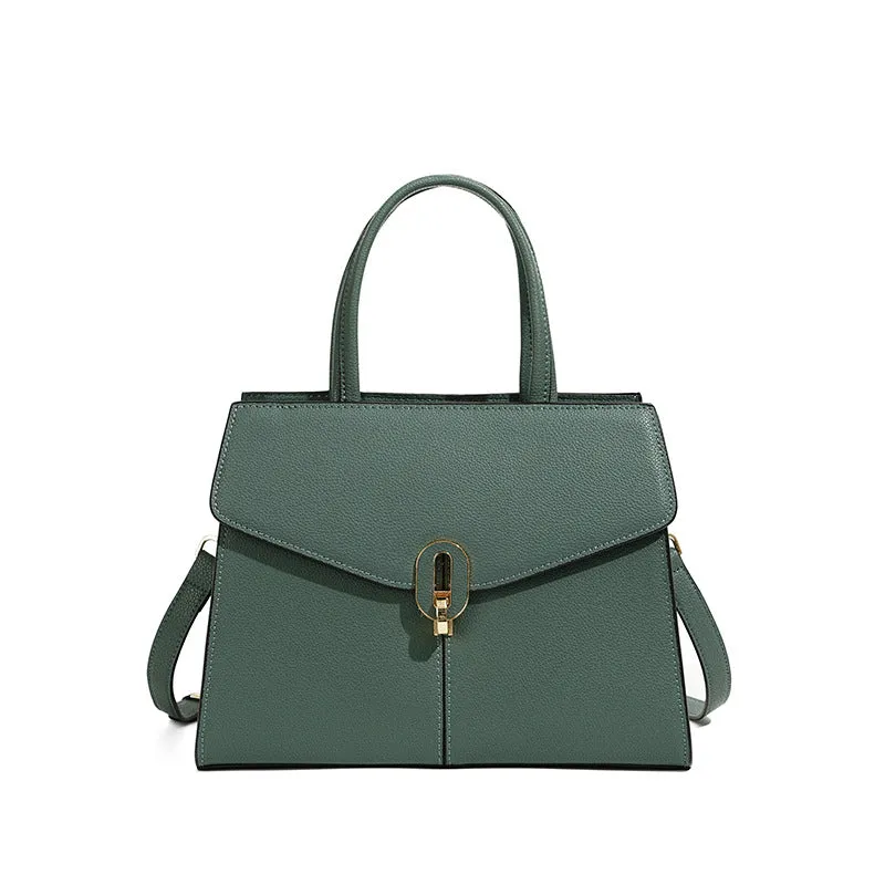Genuine leather box handbag with litchi pattern and lock detail in brown