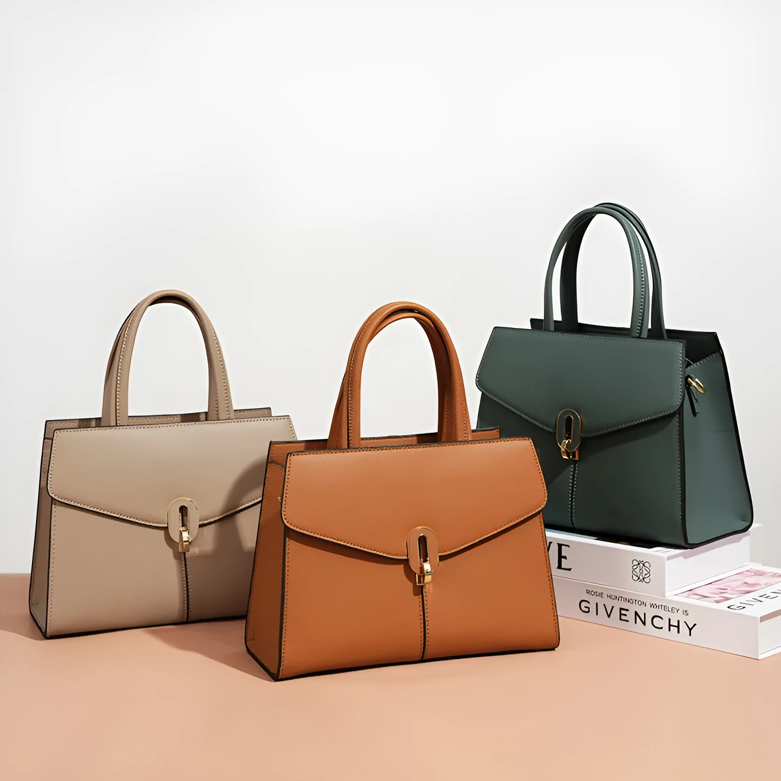 Genuine leather box handbag with litchi pattern and lock detail in brown