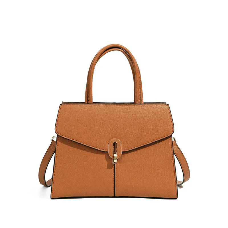 Genuine leather box handbag with litchi pattern and lock detail in brown