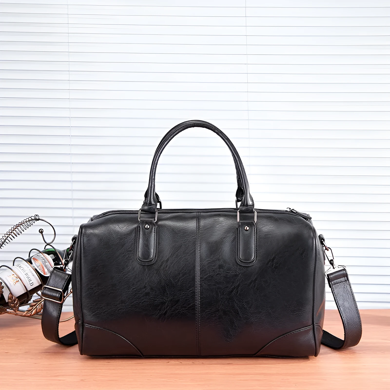 Men's large capacity black PU crossbody shoulder bag for travel with water-resistant finish