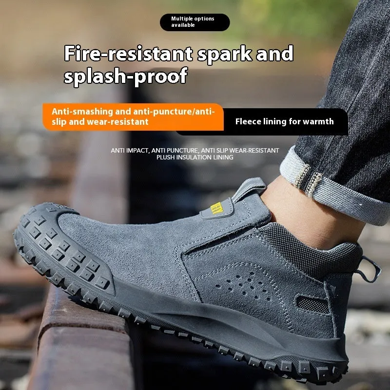 Mid-calf steel toe safety work boots in grey colour with suede leather and steel cloth upper for welding and industrial use
