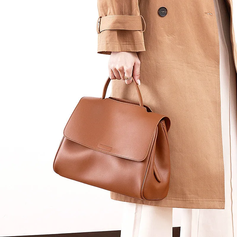 Genuine two-layer cowhide leather crossbody shoulder bag for women, horizontal square shape, solid colour with visible sewing thread detail