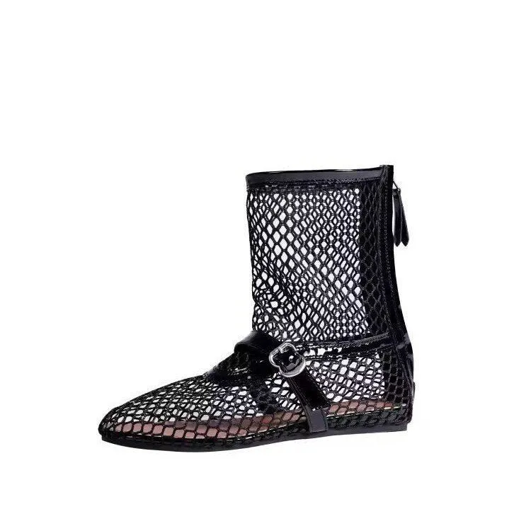 Black high top women's ballet shoes with metal buckle and back zipper PU upper round toe