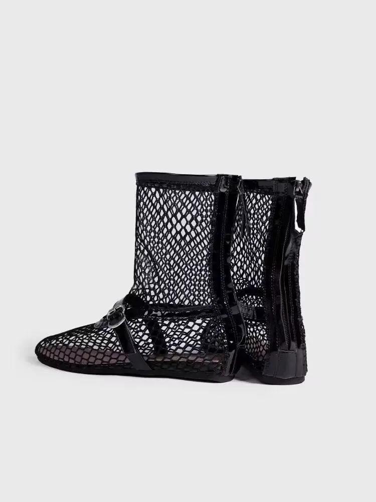 Black high top women's ballet shoes with metal buckle and back zipper PU upper round toe